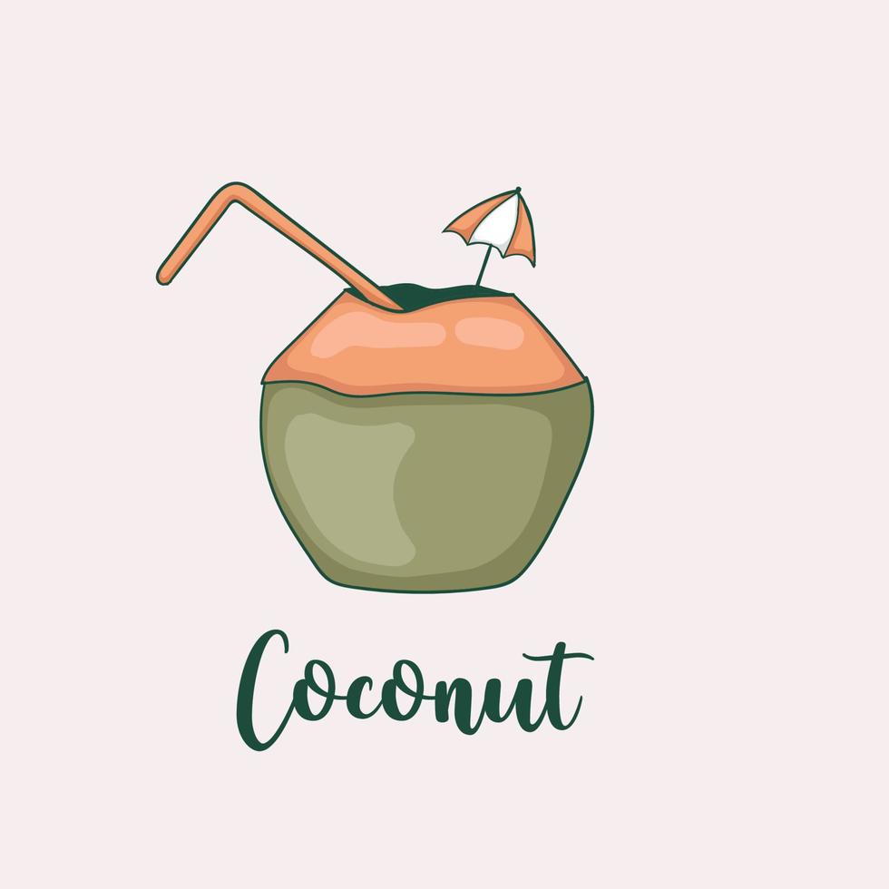 kleurrijke handgetekende kokosnootillustratie met stro vector