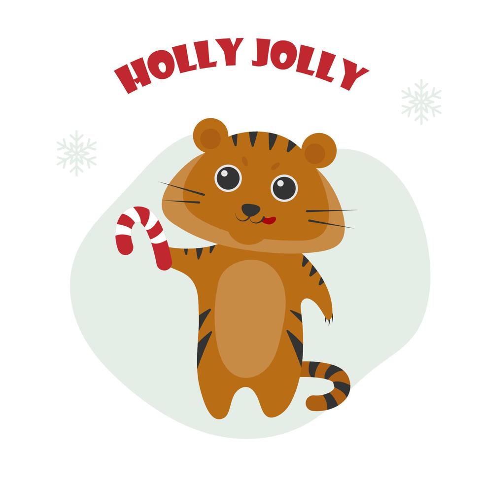 schattige tijger met een snoepje. zoete wensen en holly jolly. vector