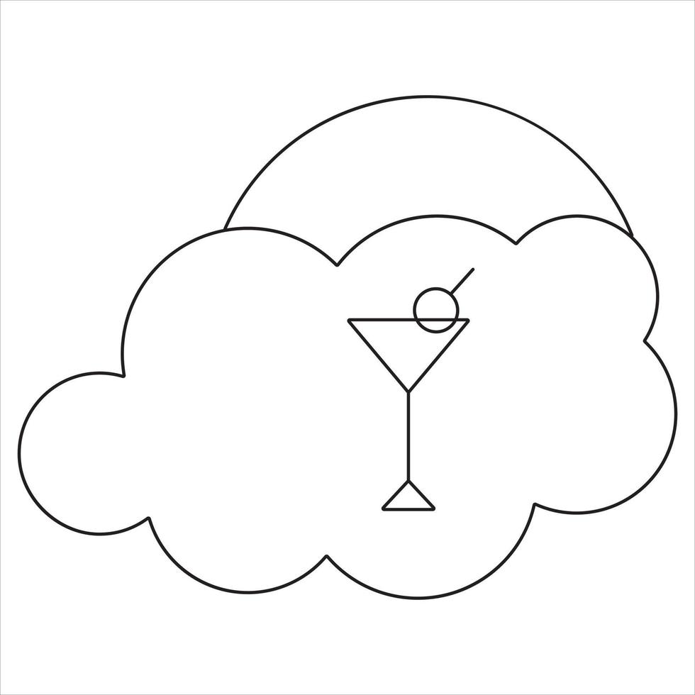 lineair beeld van een driehoekig gevormd cocktailglas met een kers op een achtergrond van wolken en zon. vectorillustratie. vector