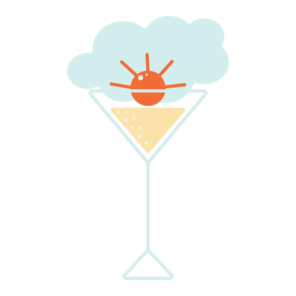 contourtekening gevuld cocktailglas met zonnebeeld en gekleurde accenten. vector