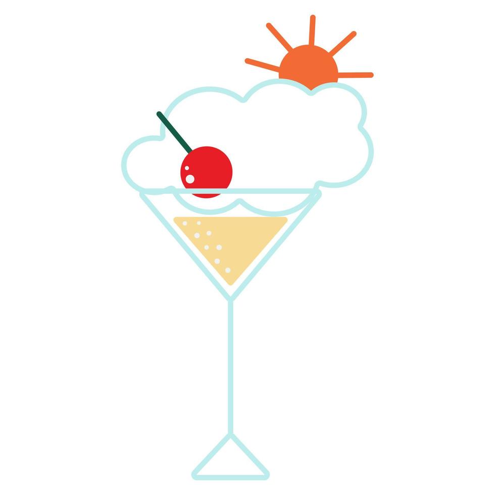 schetstekening van een gevuld cocktailglas met kersen, zon en wolk. vector