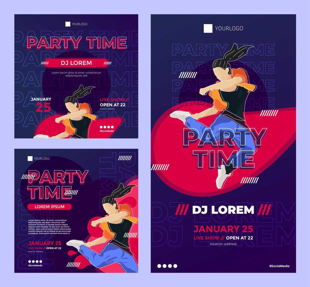 social media post-promotiesjabloon, donkerpaars nachtfeestevenement, met gestreept dansend karakterornament vector