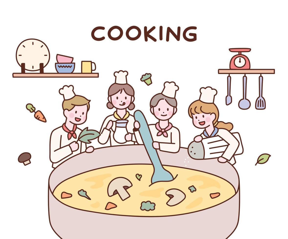 schattige koks koken samen soep in een enorme pan. vector