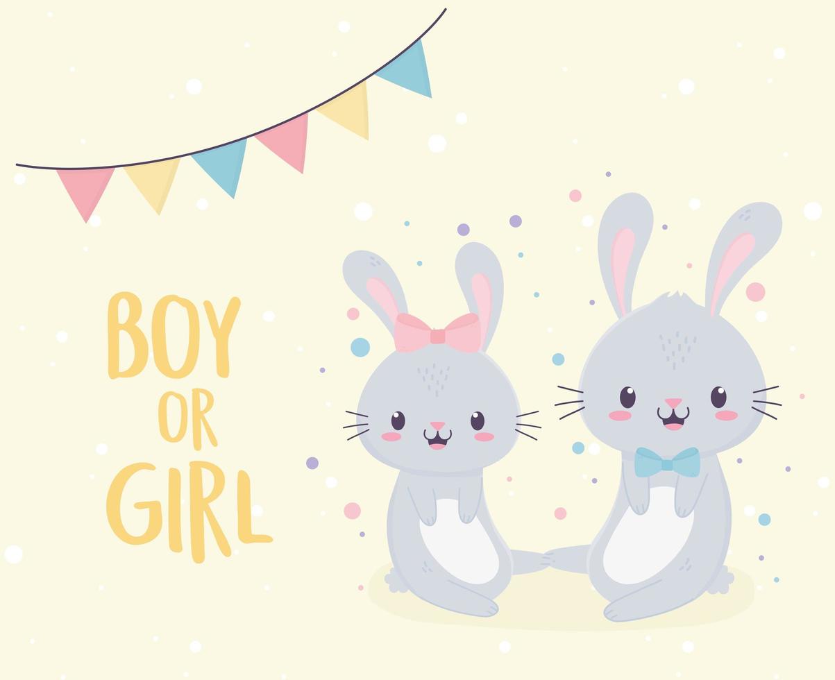 baby shower schattige jongen of meisje konijntjes welkom pasgeboren kaart vector