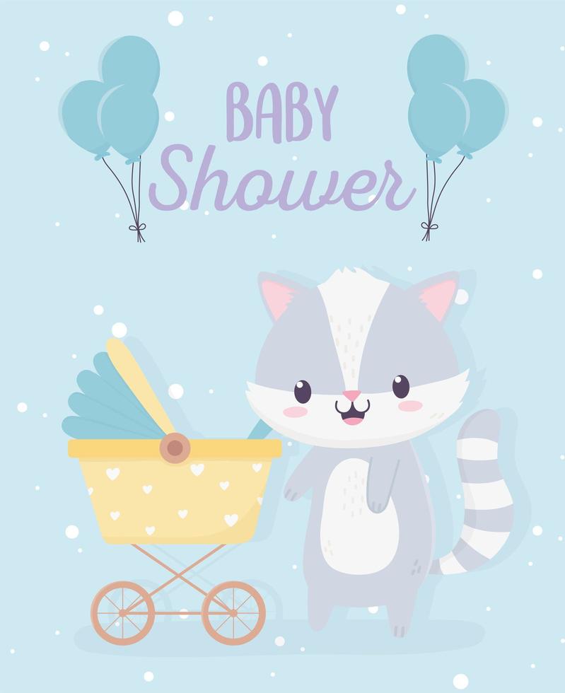 baby shower schattige kleine wasbeer met kinderwagen en ballonnen kaart vector