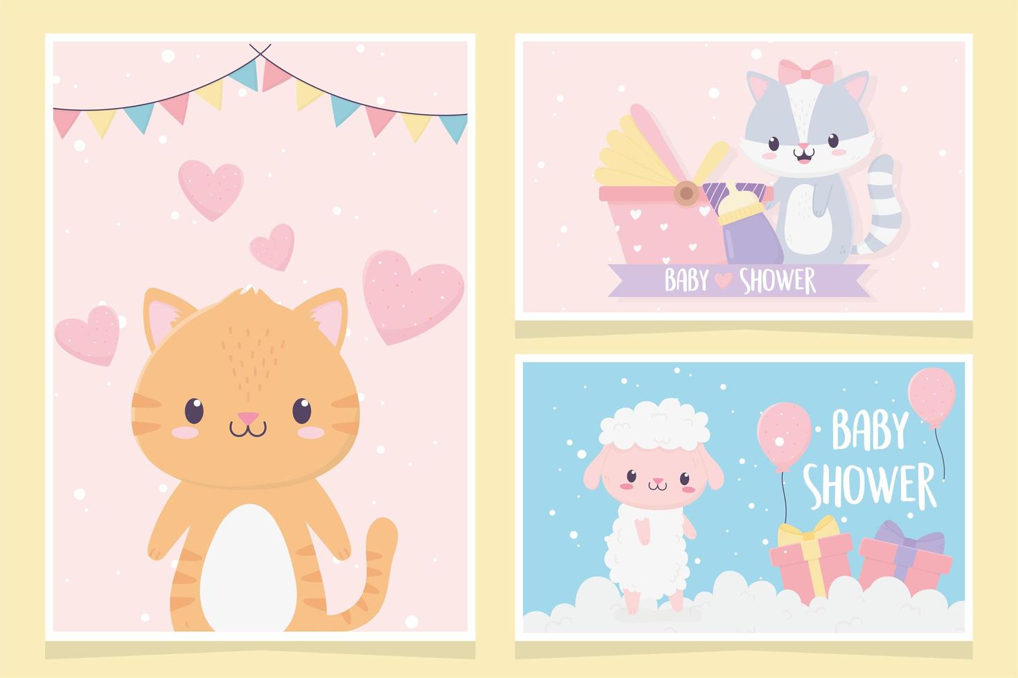 babyshower schattige kleine dieren liefde harten kinderwagen geschenken wolken kaartenset vector