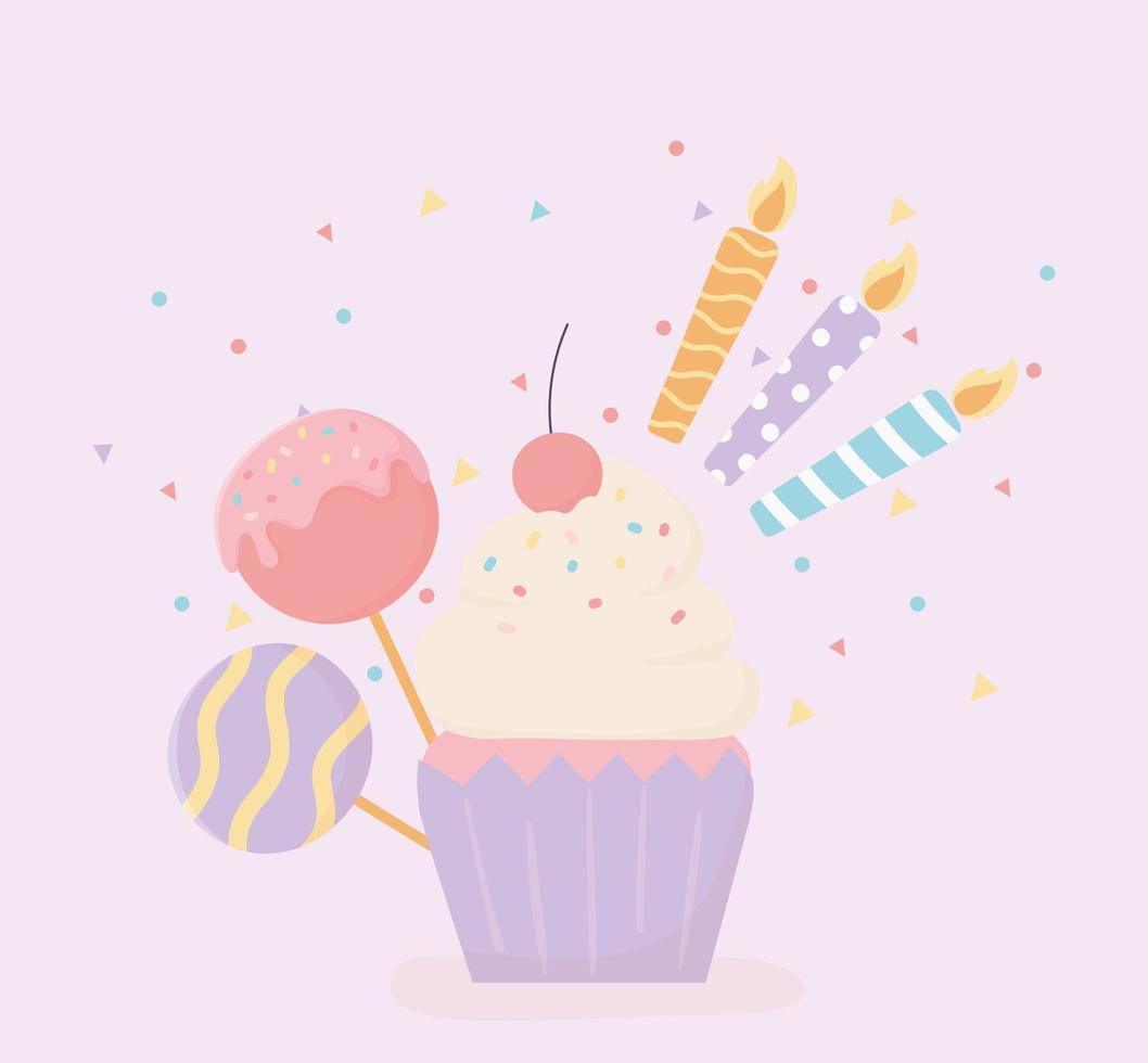 zoete cupcake kaarsen en snoepjes feestdecoratie vector