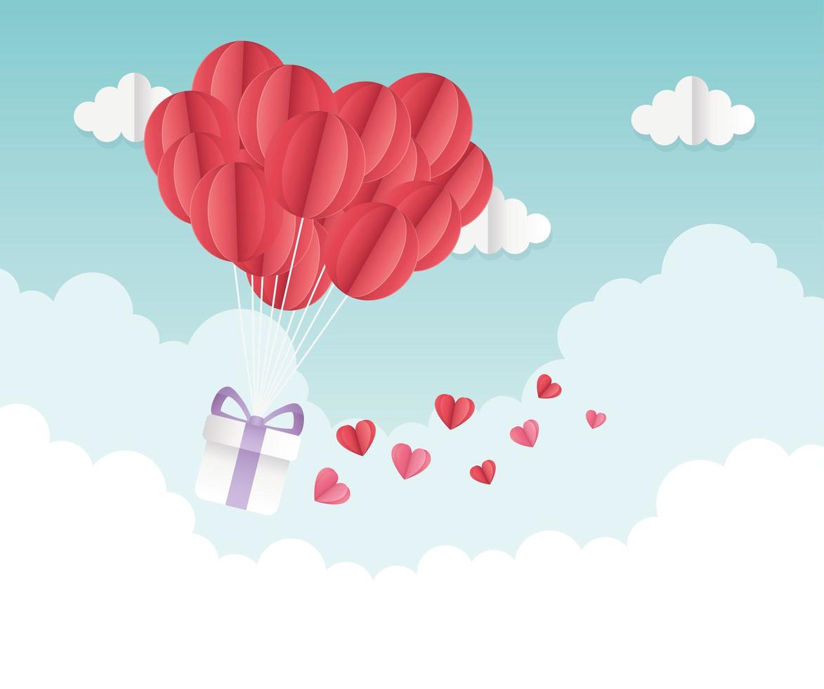 happy Valentijnsdag origami cadeau ballon harten wolken vector