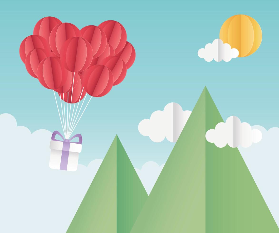 happy Valentijnsdag origami papieren ballonnen cadeau bergen wolken vector