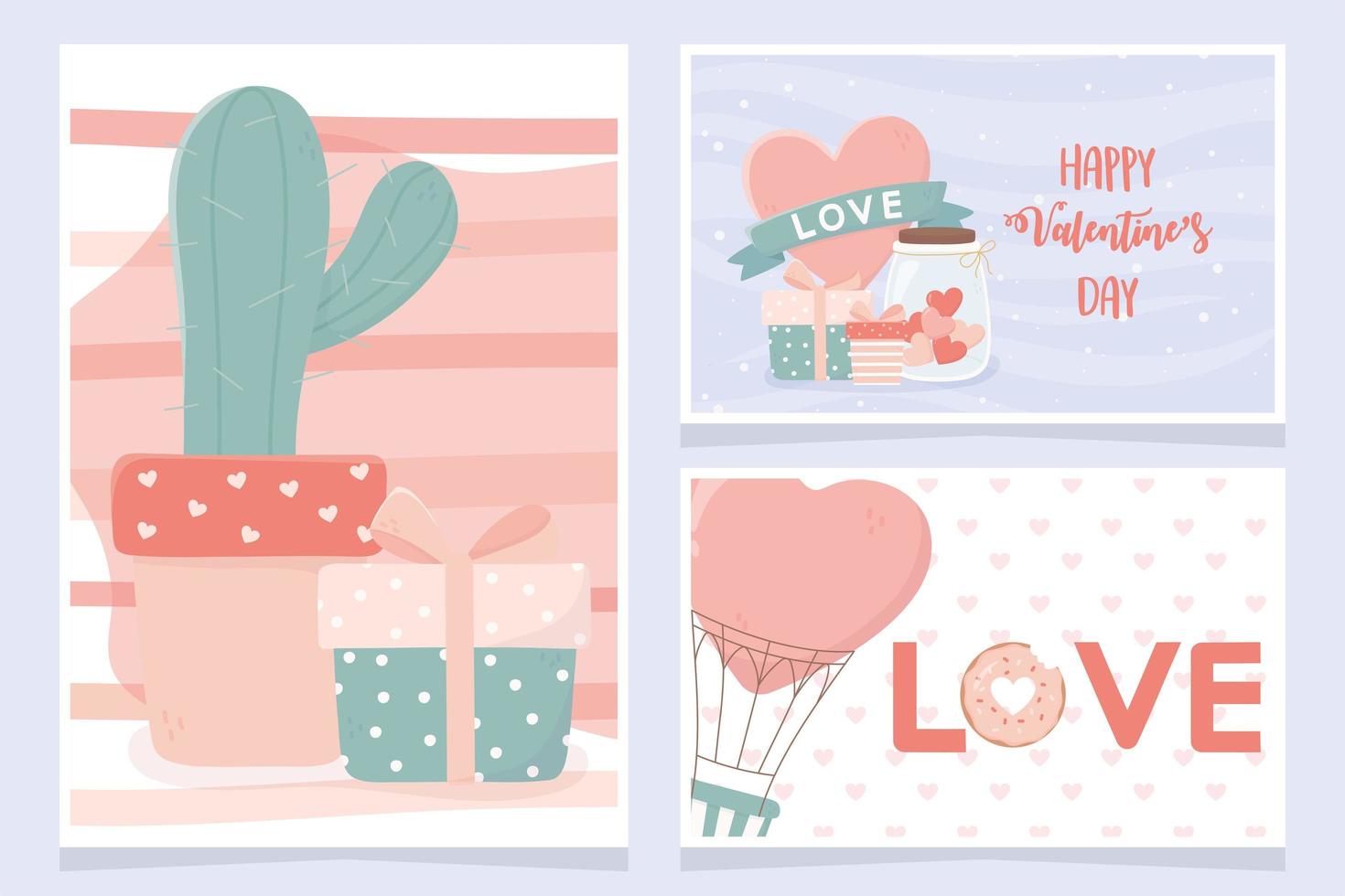 happy Valentijnsdag banners cactus ifts hart luchtballon set vector