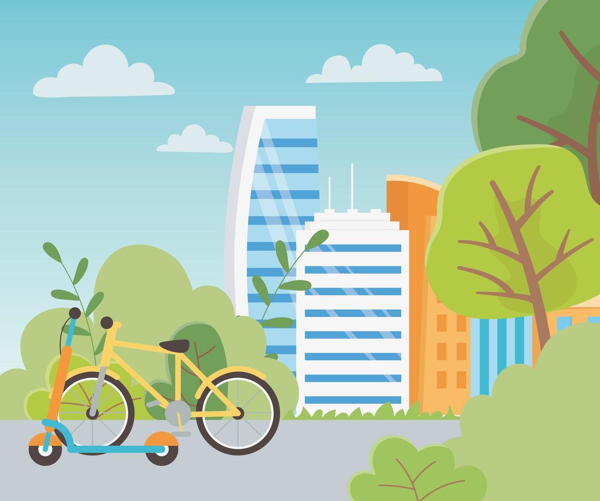 stedelijke ecologie fiets kick scooter vervoer straat park vector