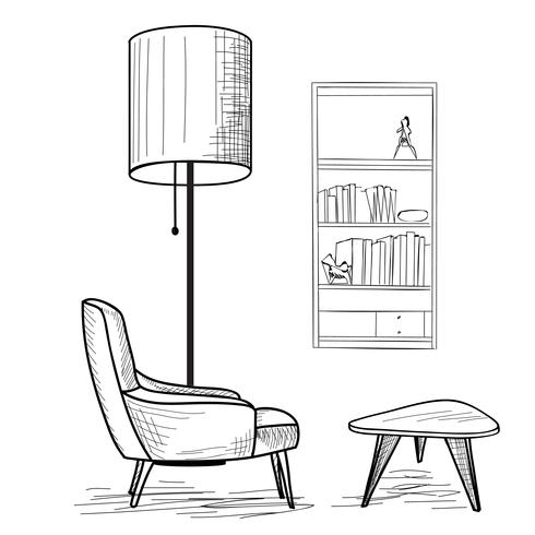 Woonkamer. Meubilair lezen: fauteuil, tafel, boekenplank. vector