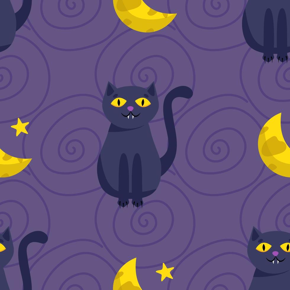 Halloween naadloos patroon. schattige zwarte kat en de maan. vector illustratie