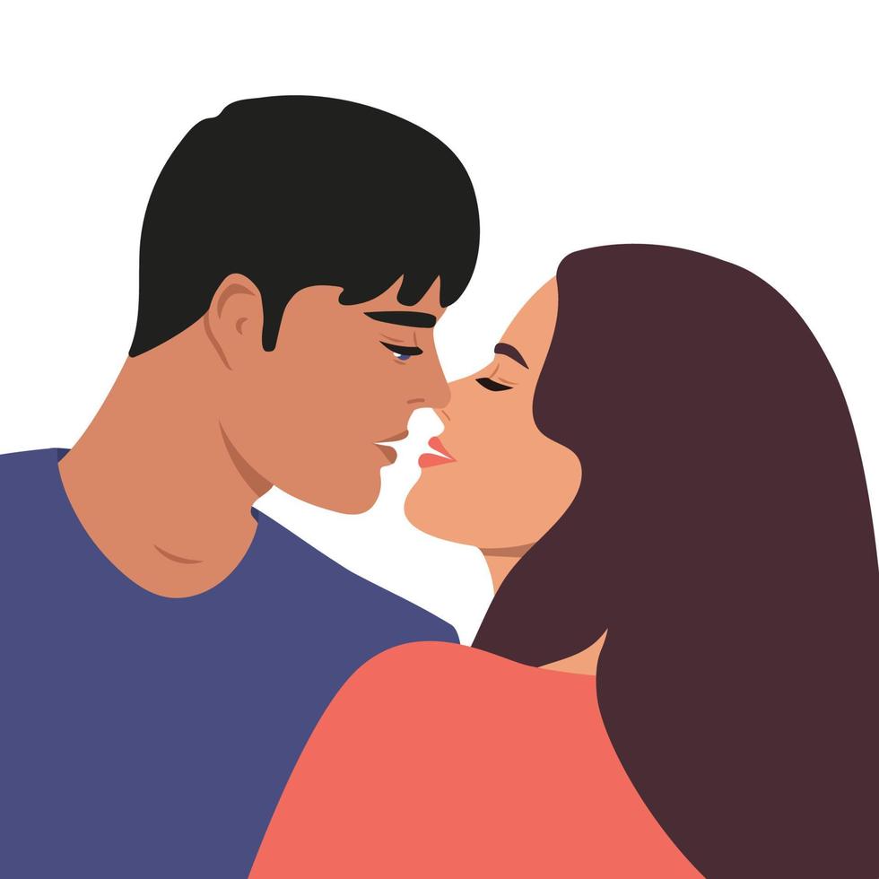 romantische kus. verliefd stel. een man en een vrouw kijken elkaar liefdevol en teder aan. Valentijnsdag concept vector