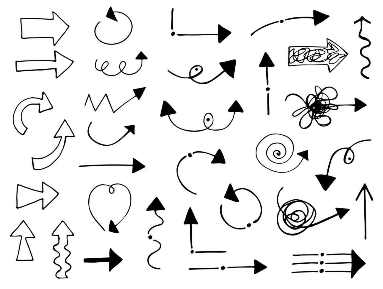 set van vector handgetekende doodles. schets van het ontwerp van de richtingspijl.