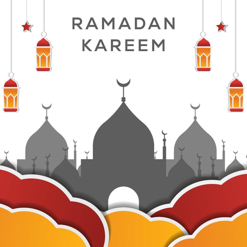 ramadan kareem-ontwerp in papier gesneden kunststijl met wolken, sterren en lantaarns vector