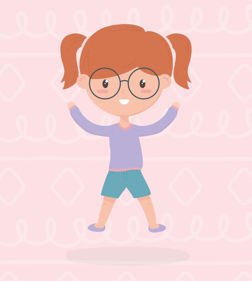 gelukkige kinderdag, schattig klein meisje met een bril handen omhoog viering vector