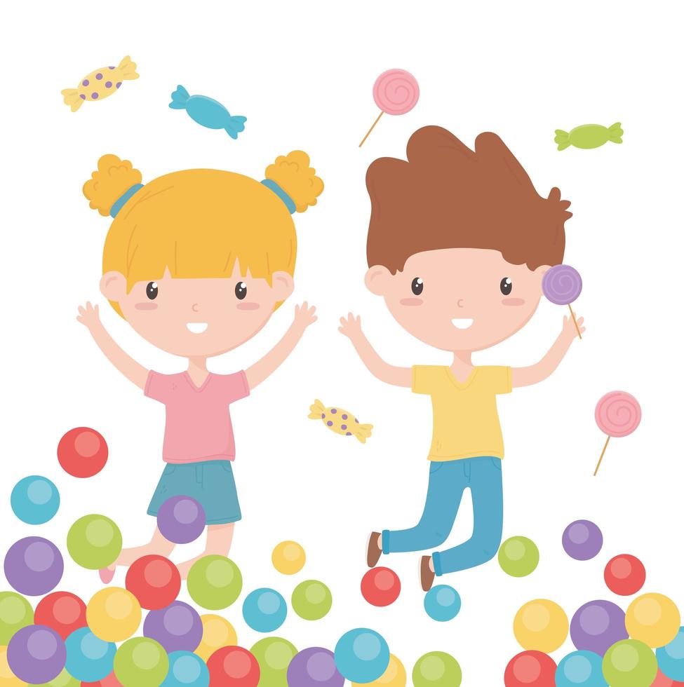 fijne kinderdag, vrolijke snoepjes voor kleine jongens en meisjes en kleurrijke ballen vector