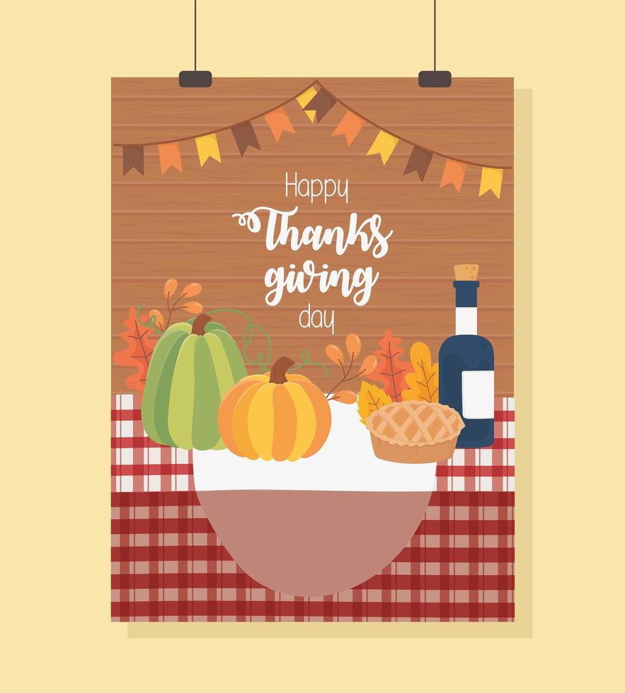 pompoentaart wijnfles tafelkleed happy thanksgiving poster vector