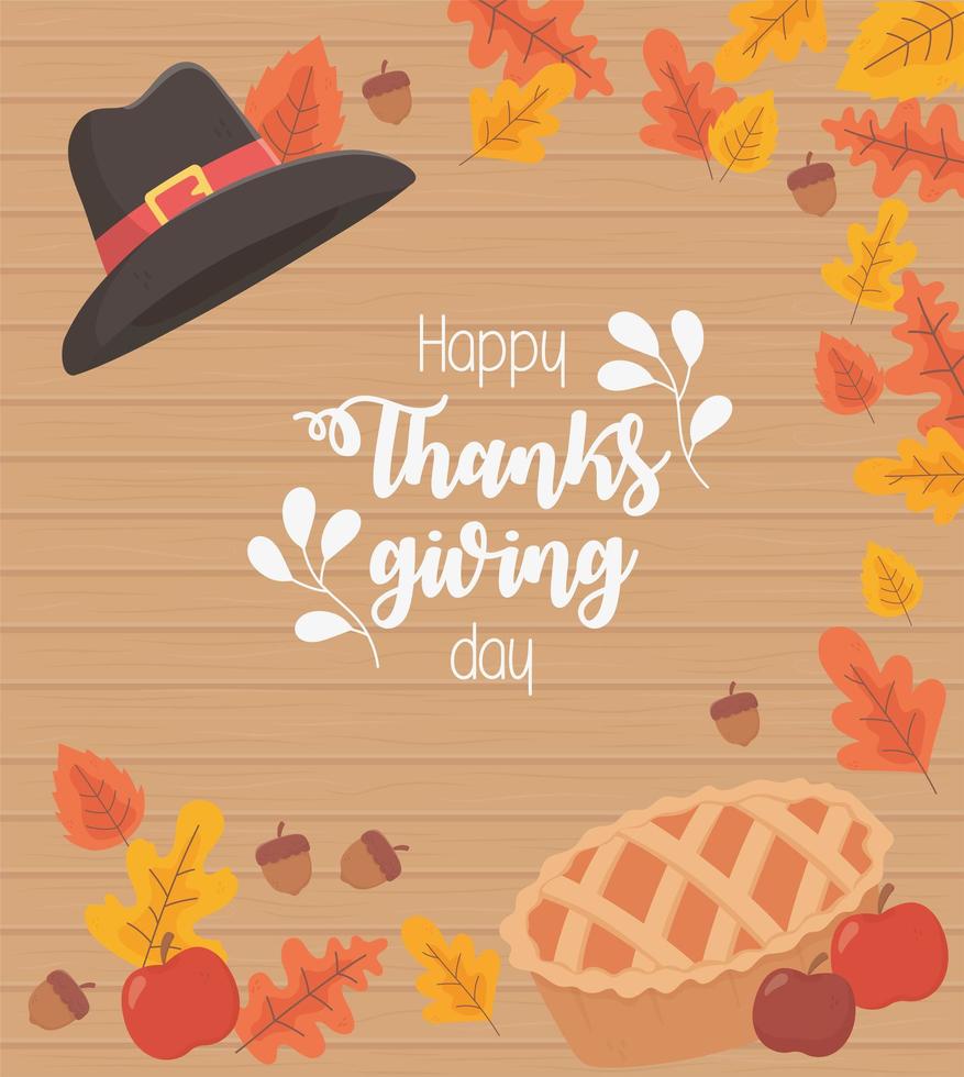 happy thanksgiving poster inscriptie cake en hoed met gebladerte vector