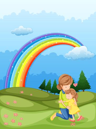 Een moeder en een kind die dichtbij de regenboog koesteren vector