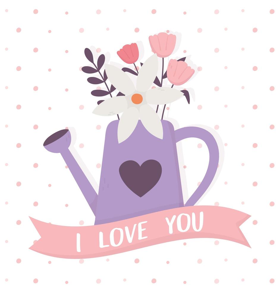 gelukkige Valentijnsdag paarse gieter met bloemen ik hou van je lintdecoratie vector