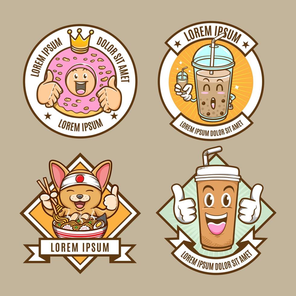 eten en drinken drank mascotte badge set collectie vector