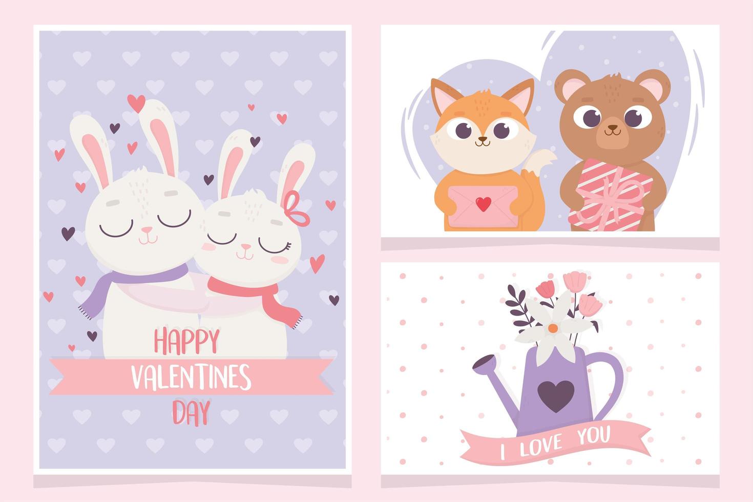 happy Valentijnsdag wenskaarten konijn beer en kat cadeau bloemen liefde vector