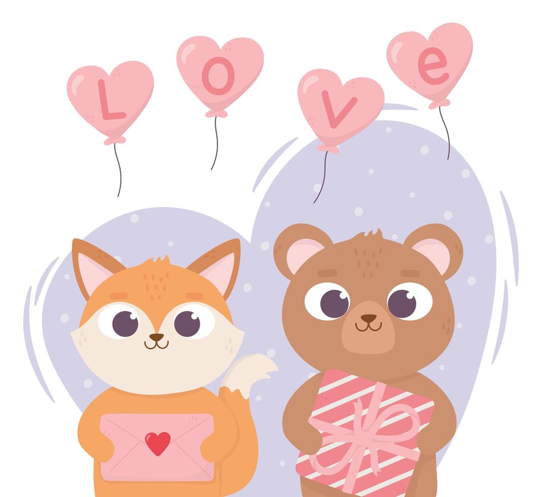 fijne valentijnsdag kleine kattenbeer met envelopbericht en geschenkdoos liefde vector