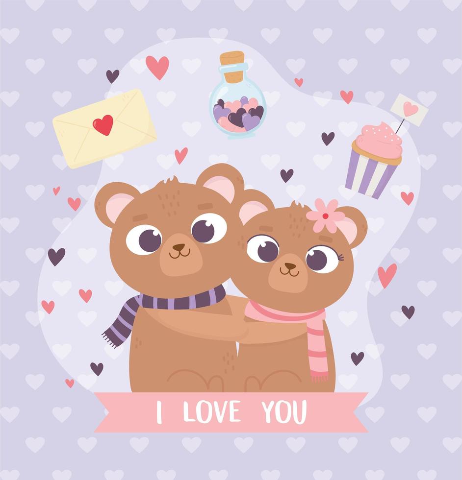 gelukkige Valentijnsdag schattig paar omarmd beren hart cupcake bericht liefde vector