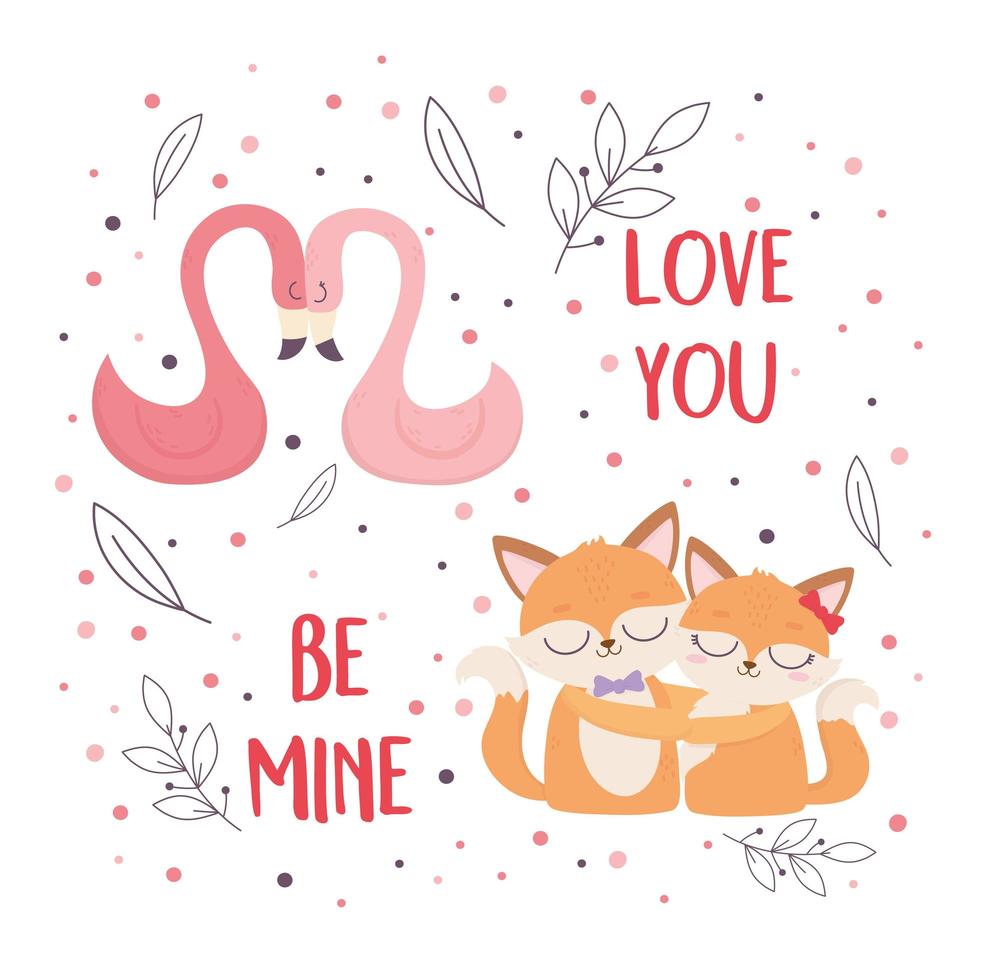 fijne valentijnsdag schattige flamingo's en vossen paar romantische liefde vector