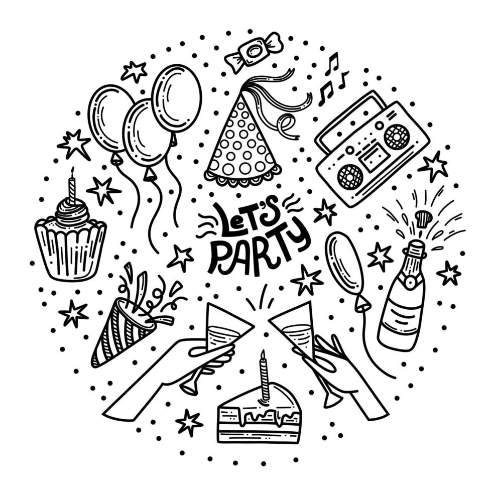 partij doodle vector set. viering handgetekende clipart met feestmuts, plak verjaardagstaart, ballons en drankje.