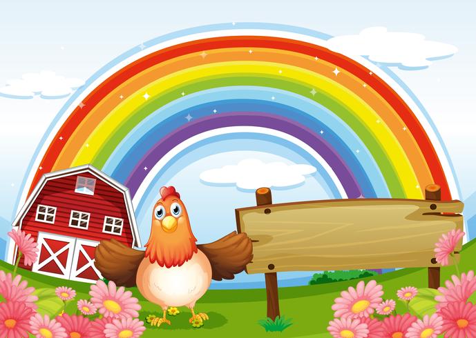 Een boerderij met een leeg houten bord en een regenboog erboven vector