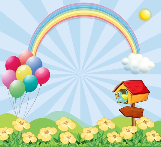 Een tuin in de buurt van de heuvels met ballonnen, een regenboog en een dierenhuis vector