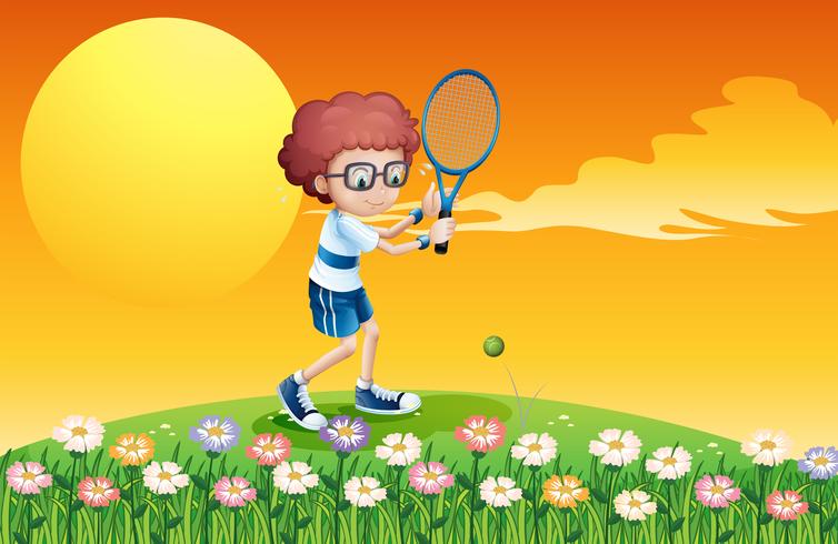 Een jongen met tennis op de heuvel vector