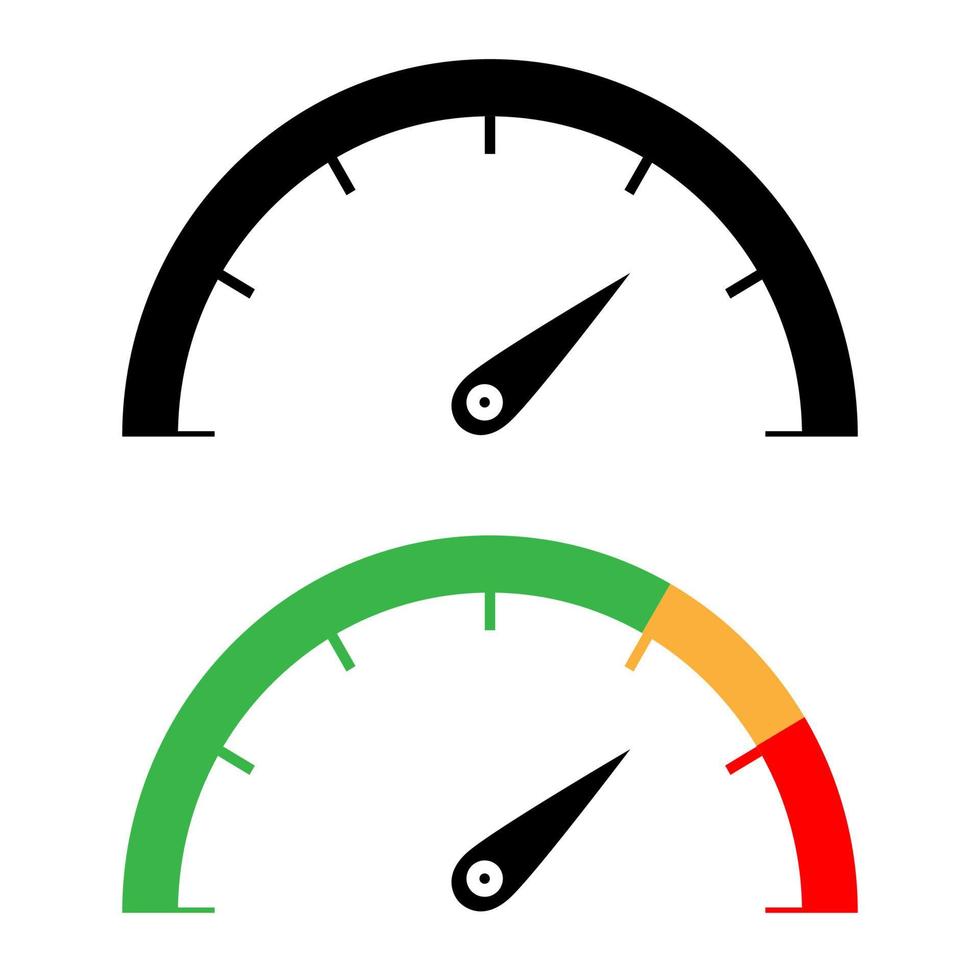 snelheidsmeter ingesteld pictogram zwart en groen oranje rode kleur vector