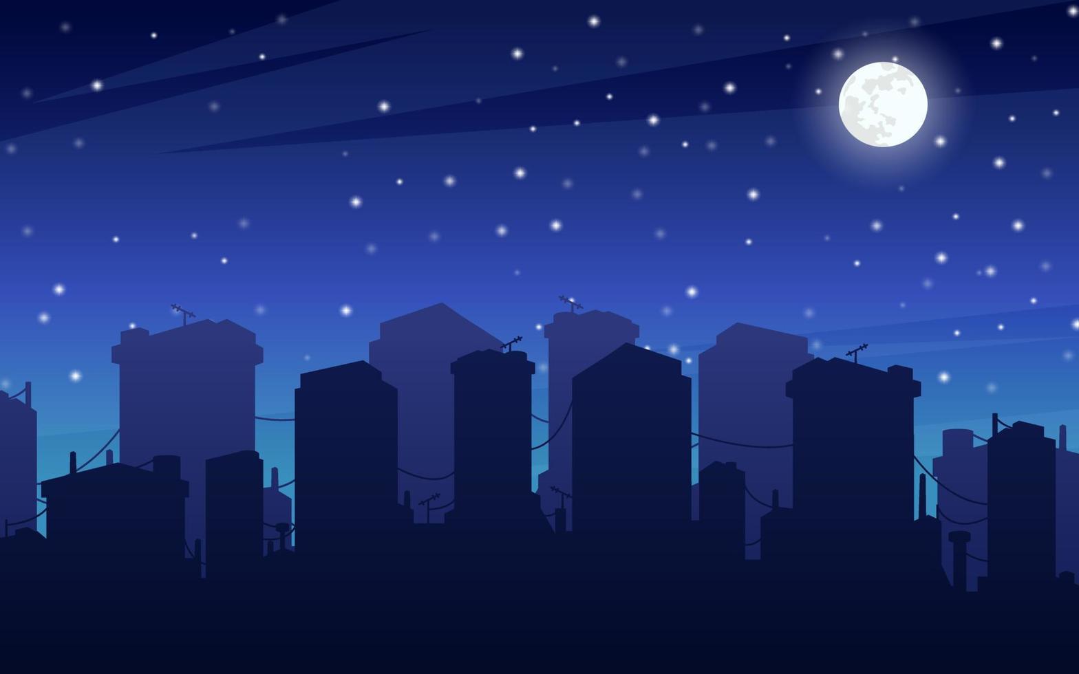 stadsgezicht bij de nacht met maan en ster. vector
