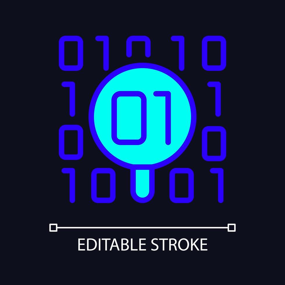 dataset checkup rgb kleur pixel perfect icoon voor donker thema. op zoek naar fouten in binaire code. veiligheid van datamining. eenvoudige gevulde lijntekening op de achtergrond van de nachtmodus. bewerkbare streek. arial lettertype gebruikt vector