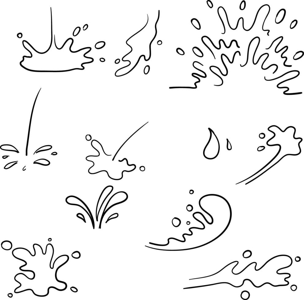 verzameling van spatwater met druppels, een scheutje vallend water met de hand getekende doodle cartoonstijl vector