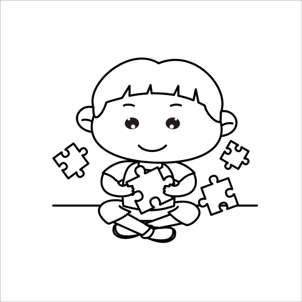 schattige kleine jongen die puzzel speelt. zitten spelen. een puzzel vasthouden. cartoon vectorillustratie. kleurboek. vector