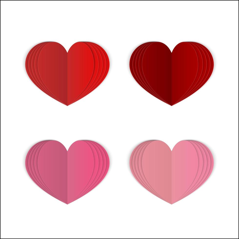 set van 4 papier hart geïsoleerd op wit. realistische 3d gevouwen rode en roze harten. symbool van liefde voor Valentijnsdag wenskaart. vectorillustratie. eenvoudig te bewerken sjabloon voor uw ontwerpprojecten. vector