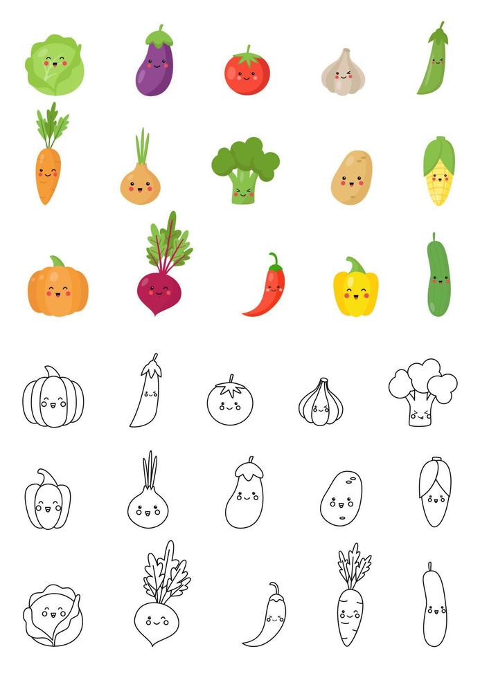 set van kleurrijke gezonde groenten. vectorillustraties. zwart en wit. vector