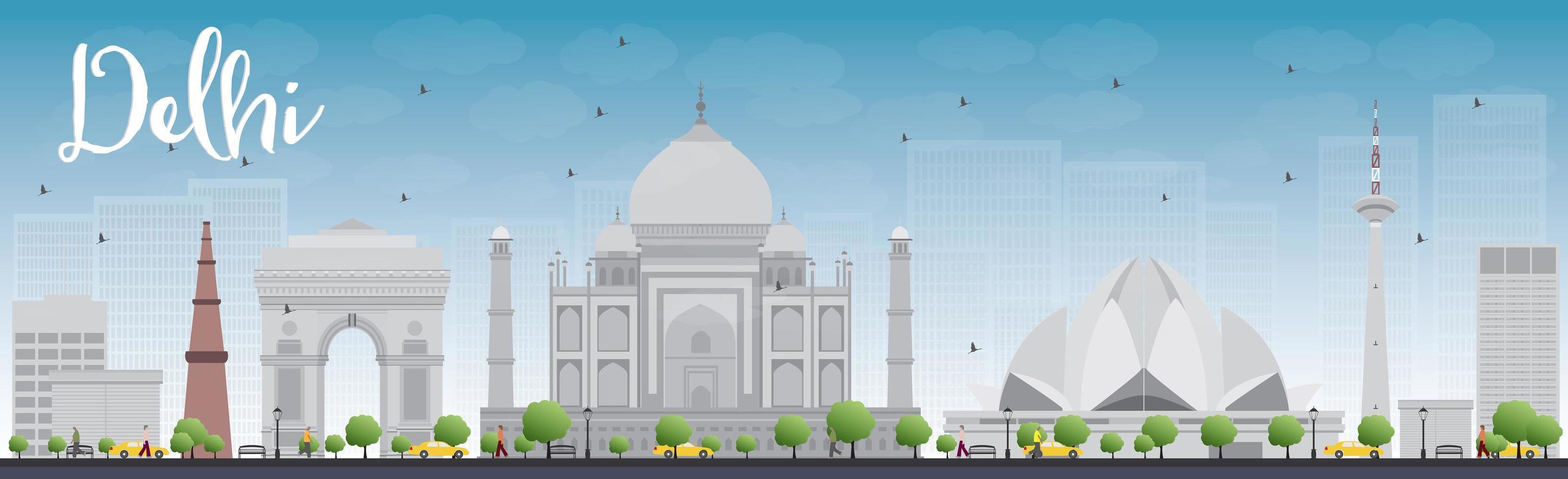 de skyline van Delhi met grijze oriëntatiepunten en blauwe lucht vector