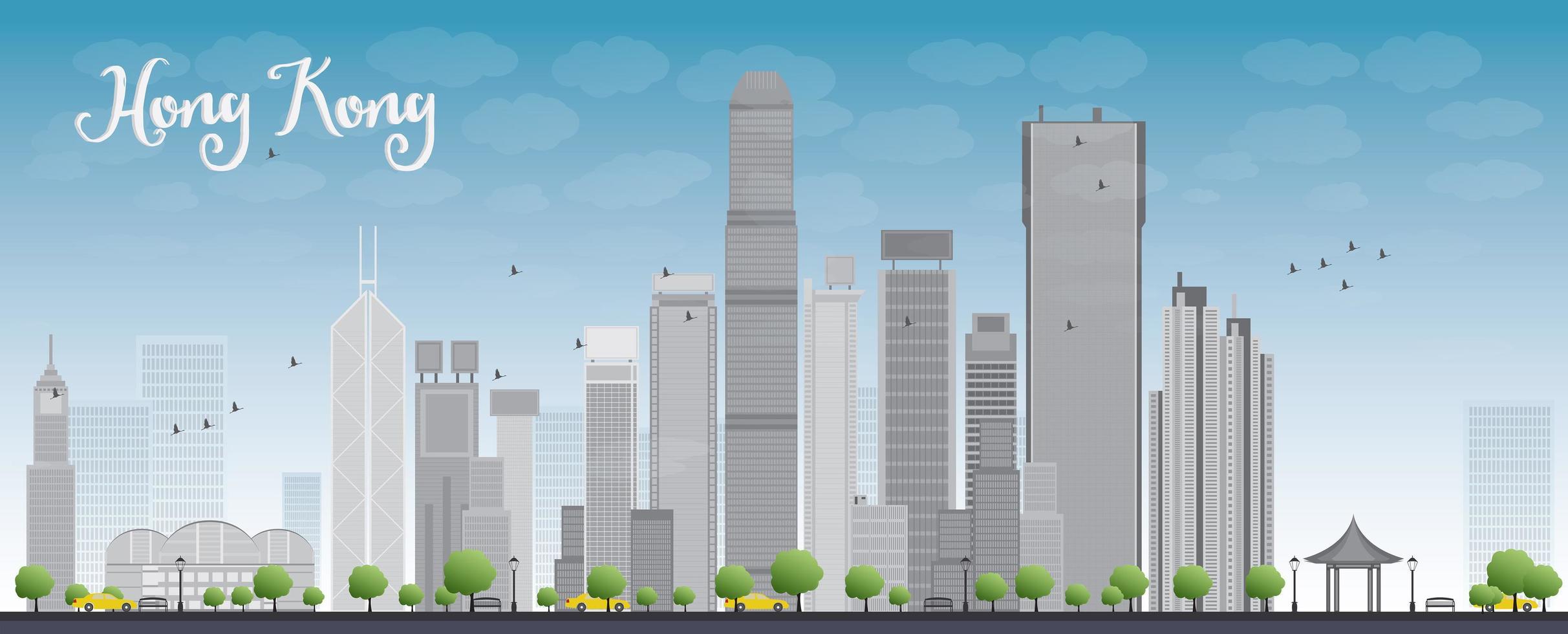 hong kong skyline met blauwe lucht en taxi vector