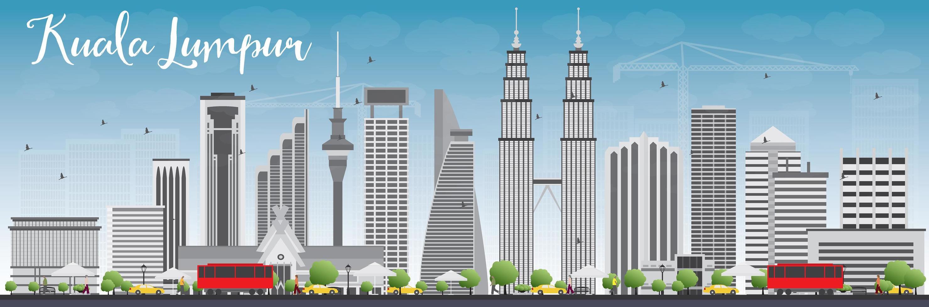 de skyline van Kuala Lumpur met grijze gebouwen en blauwe lucht. vector