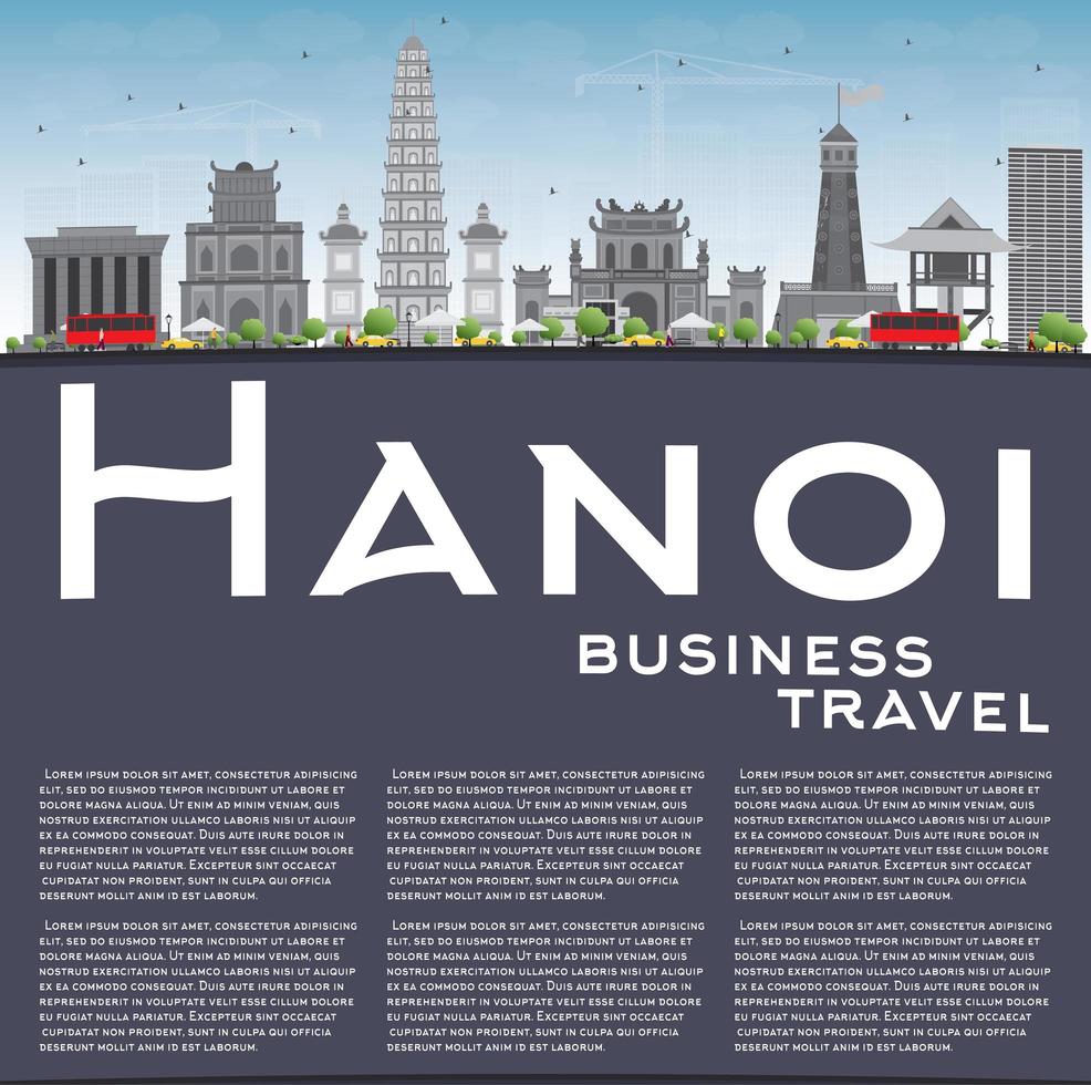 de skyline van hanoi met grijze oriëntatiepunten, blauwe lucht en kopieerruimte. vector