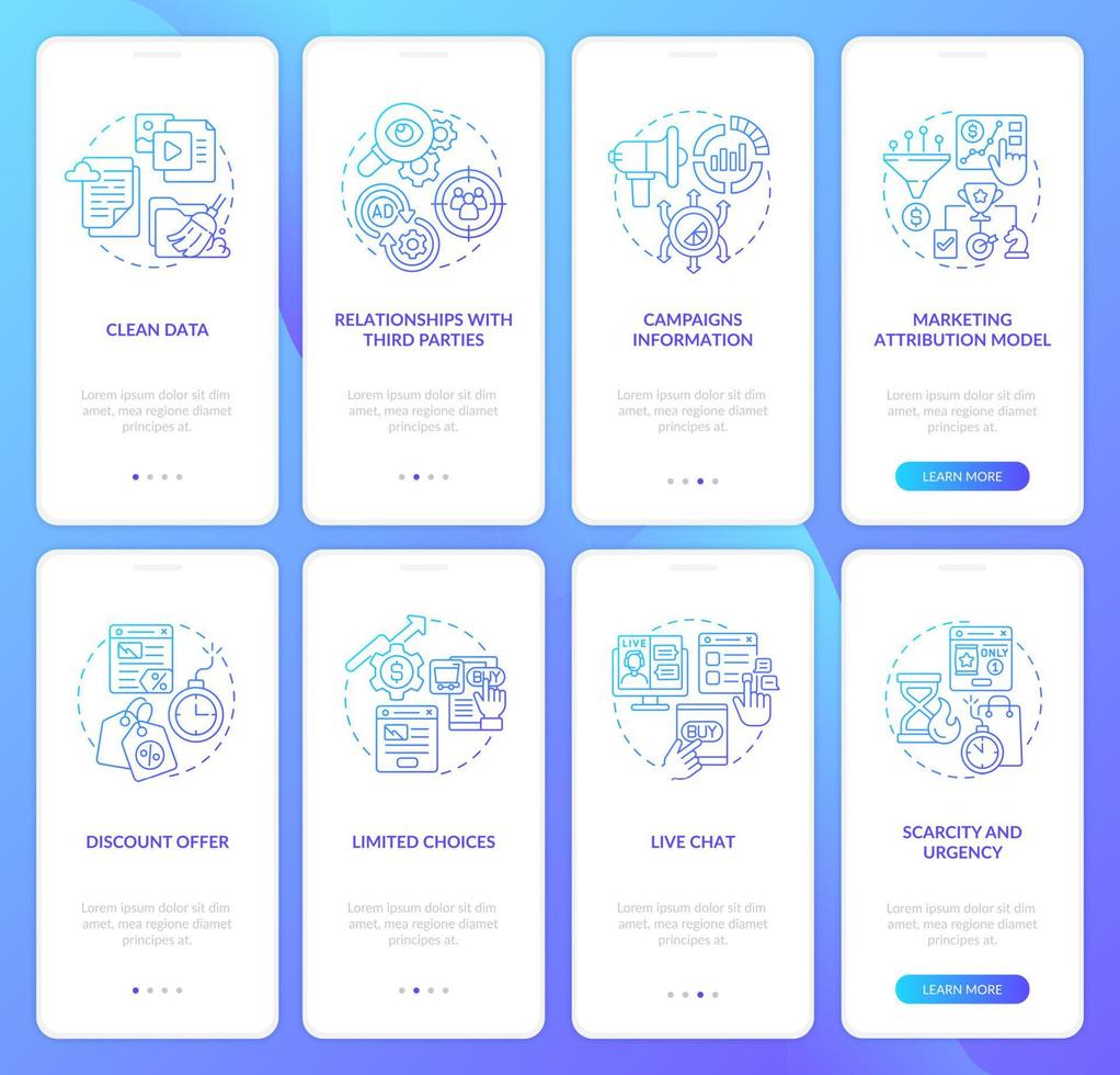 digitale marketing blauwe gradiënt onboarding mobiele app-schermset. advertentie walkthrough 4 stappen grafische instructiepagina's met lineaire concepten. ui, ux, gui-sjabloon. talloze pro-bold, reguliere lettertypen gebruikt vector