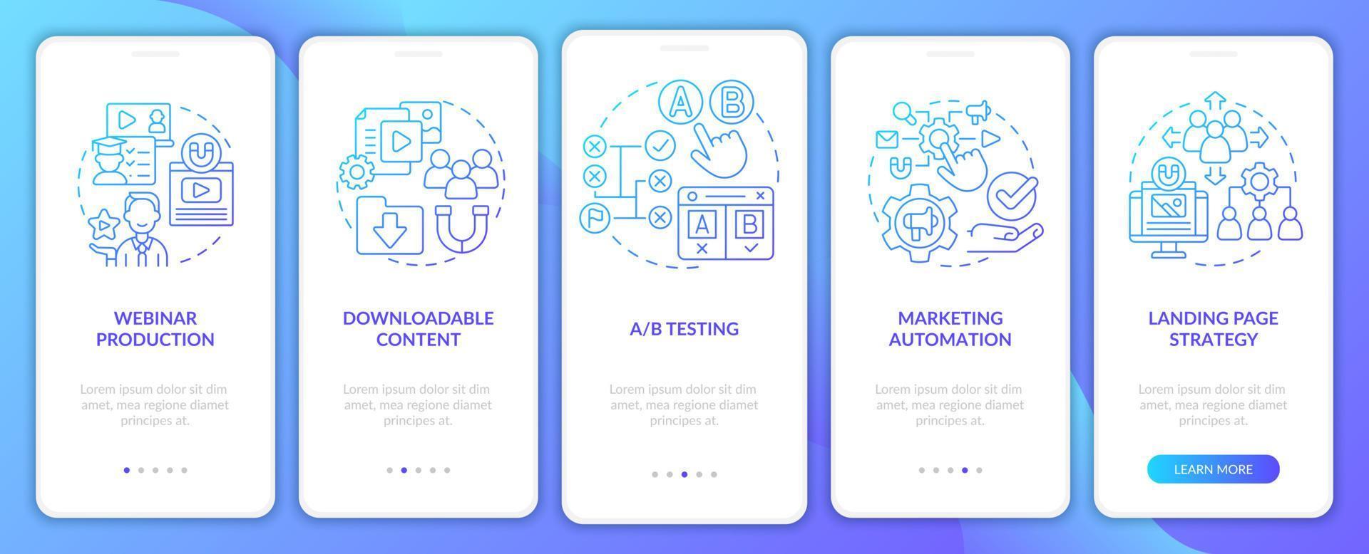 digitale marketingtypen blauw kleurverloop onboarding mobiel app-scherm. advertentie walkthrough 5 stappen grafische instructiepagina's met lineaire concepten. ui, ux, gui-sjabloon. talloze pro-bold, reguliere lettertypen gebruikt vector