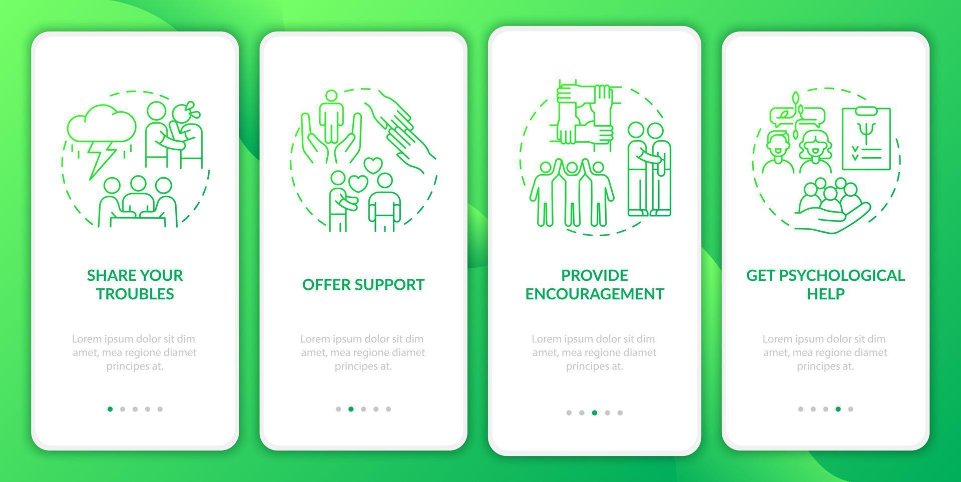 therapeutische activiteiten groene gradiënt onboarding mobiele app-scherm. walkthrough 4 stappen grafische instructiepagina's met lineaire concepten. ui, ux, gui-sjabloon. talloze pro-bold, reguliere lettertypen gebruikt vector