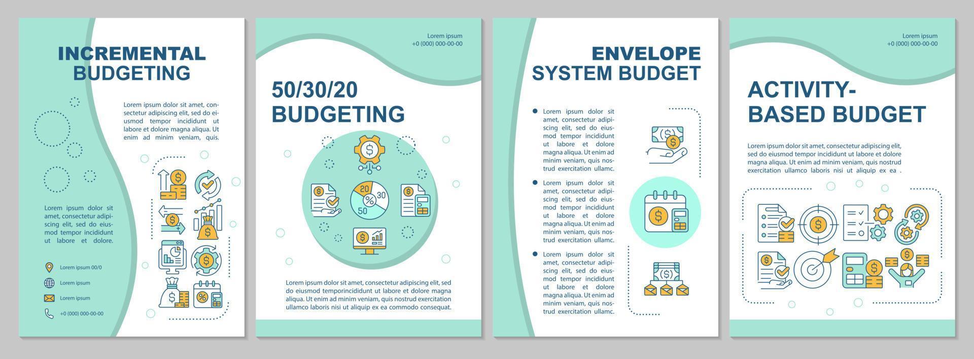 budgetteringsmethoden mint brochure sjabloon. planmatige aanpak. boekje afdrukontwerp met lineaire pictogrammen. vectorlay-outs voor presentatie, jaarverslagen, advertenties. arial-black, talloze pro-reguliere lettertypen gebruikt vector